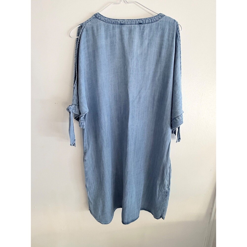 Blue Rain Chambray Tunic Dress Medium Blue Tencel Embroidered V-Neck Pockets Boh - Picture 3 of 11